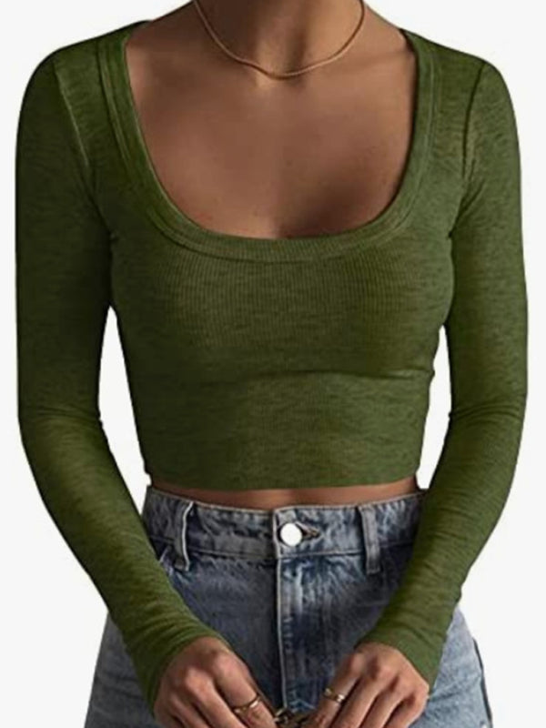 Neues Damen-T-Shirt-Oberteil mit großem Rundhalsausschnitt, langen Ärmeln, ultrakurzem, schmalem Schnitt und freiem Bauchnabel 