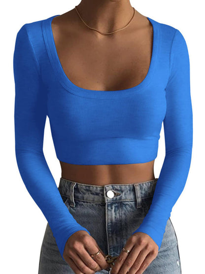 Neues Damen-T-Shirt-Oberteil mit großem Rundhalsausschnitt, langen Ärmeln, ultrakurzem, schmalem Schnitt und freiem Bauchnabel 