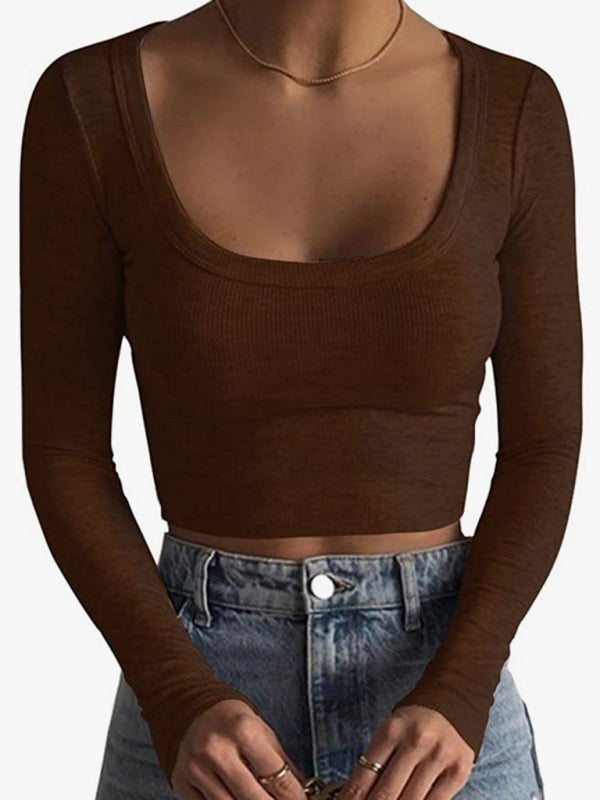 Neues Damen-T-Shirt-Oberteil mit großem Rundhalsausschnitt, langen Ärmeln, ultrakurzem, schmalem Schnitt und freiem Bauchnabel 