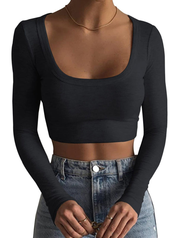 Neues Damen-T-Shirt-Oberteil mit großem Rundhalsausschnitt, langen Ärmeln, ultrakurzem, schmalem Schnitt und freiem Bauchnabel 