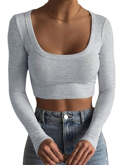 Neues Damen-T-Shirt-Oberteil mit großem Rundhalsausschnitt, langen Ärmeln, ultrakurzem, schmalem Schnitt und freiem Bauchnabel 