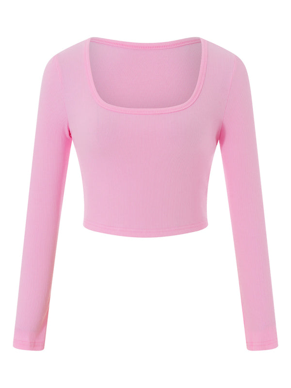 Neues Damen-T-Shirt-Oberteil mit großem Rundhalsausschnitt, langen Ärmeln, ultrakurzem, schmalem Schnitt und freiem Bauchnabel 