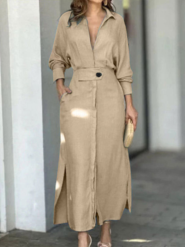 Robe chemise irrégulière à lacets, couleur unie, taille longue, manches longues, nouveau tempérament 