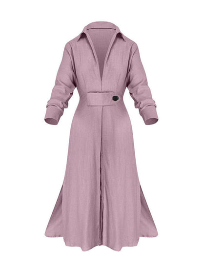 New temperament commuting lace-up solid color waist long-sleeved irregular shirt dress