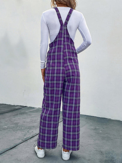 Back view of plaid overalls jumpsuit in purple
