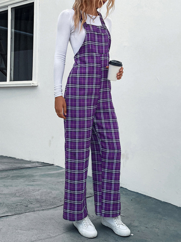 Stylish purple plaid overalls jumpsuit outfit