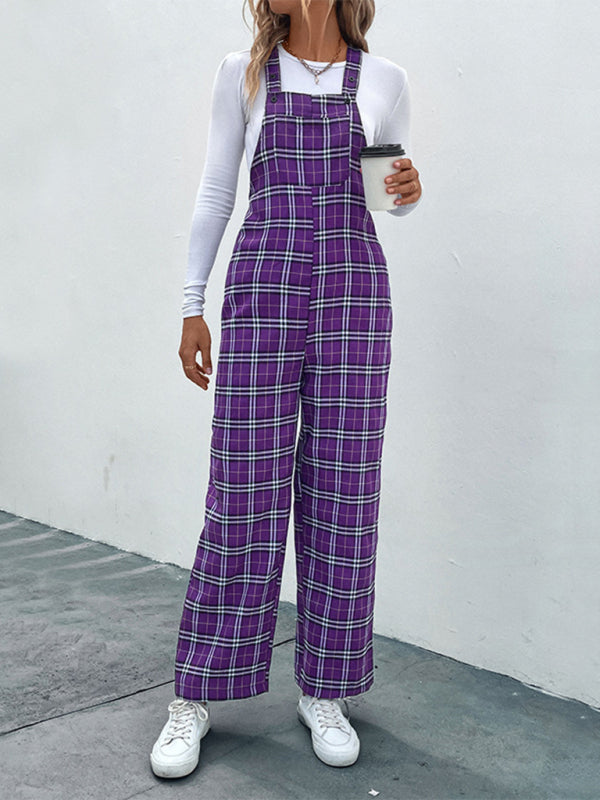 Purple plaid overalls jumpsuit with white top