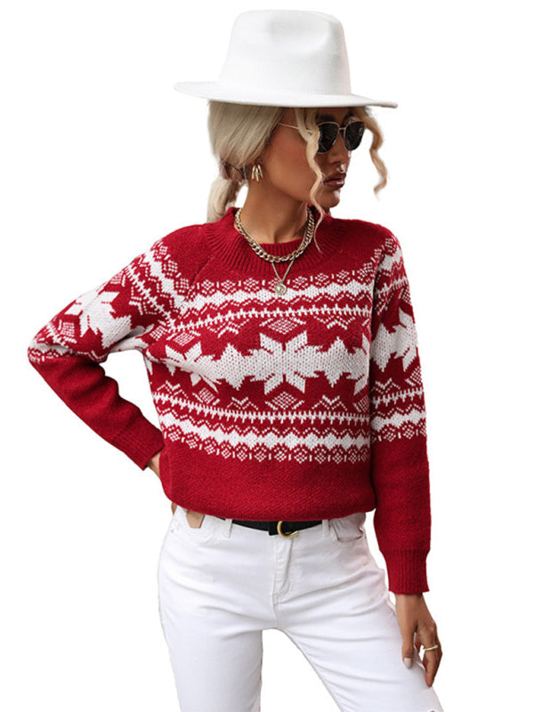 Pull flocon de neige de Noël tricoté rouge à col rond pour femme 