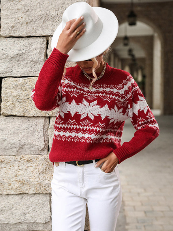 Roter gestrickter Weihnachts-Schneeflockenpullover für Damen mit Rundhalsausschnitt 