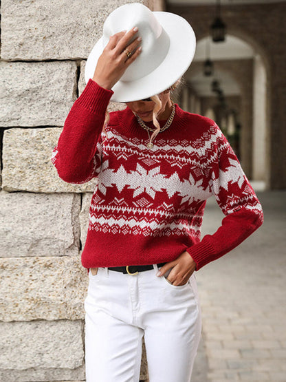 Pull flocon de neige de Noël tricoté rouge à col rond pour femme 