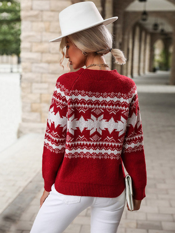 Pull flocon de neige de Noël tricoté rouge à col rond pour femme 