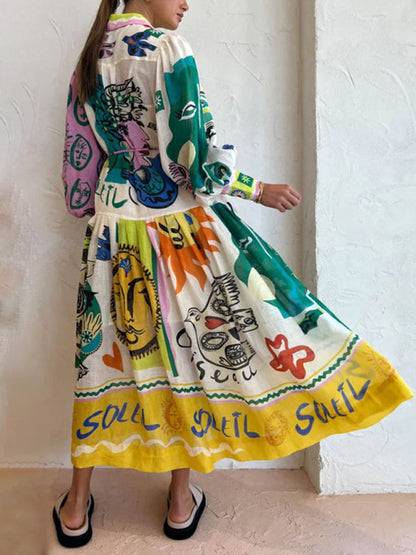 Damenmode-Druckpositionierungs-Cardigan-Swing-Langarmkleid 