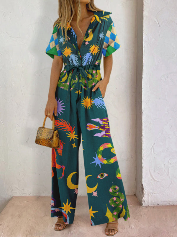 High waist casual jumpsuit with vibrant print and short sleeves