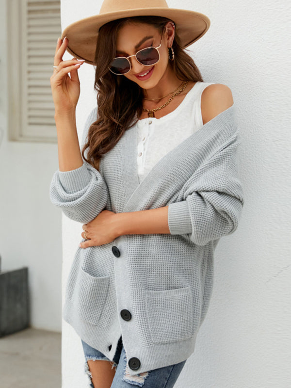 New loose solid color knitted cardigan with elegant V-neck sweater cardigan jacket