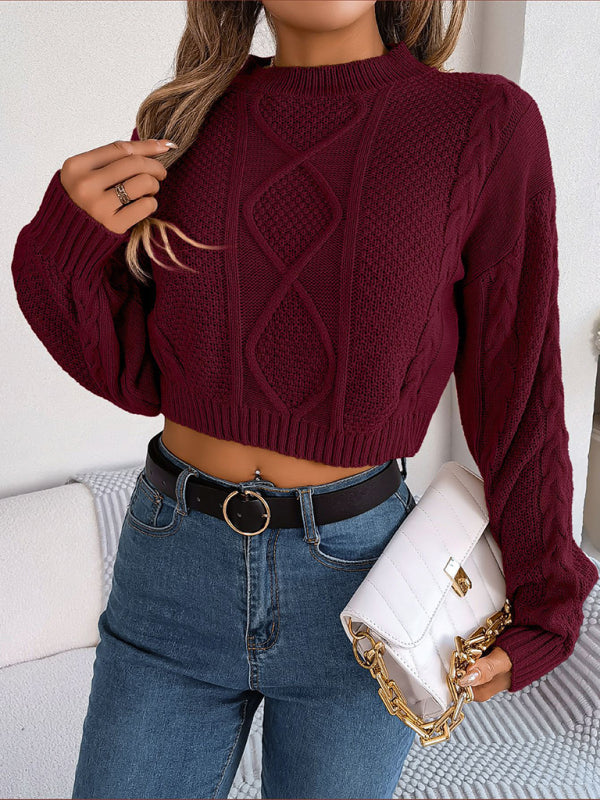 New autumn and winter casual solid color twist long-sleeved pullover navel-baring sweater