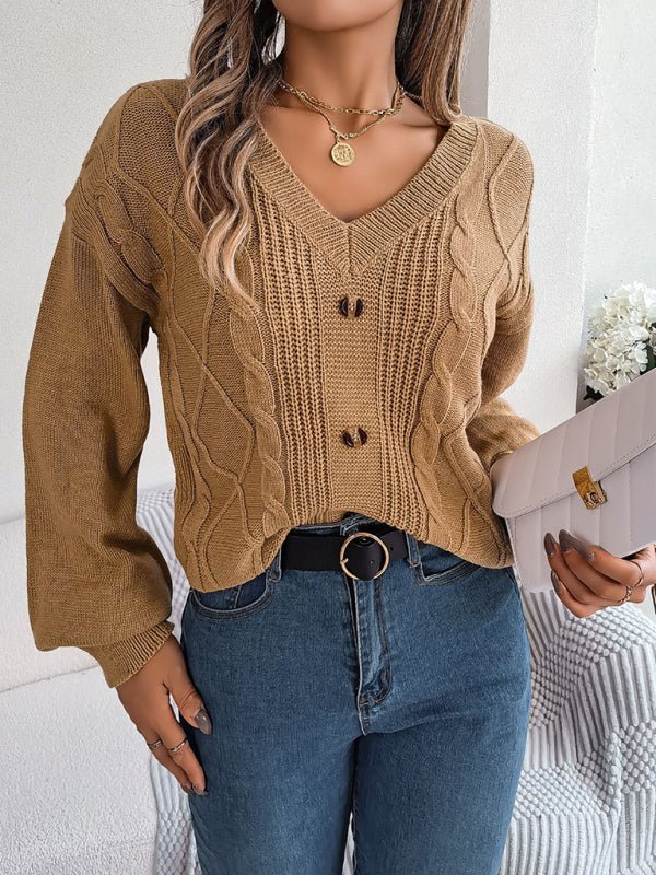 Neuer einfarbiger Pullover mit V-Ausschnitt und geknöpftem Twist-Laternenärmel für Herbst und Winter 