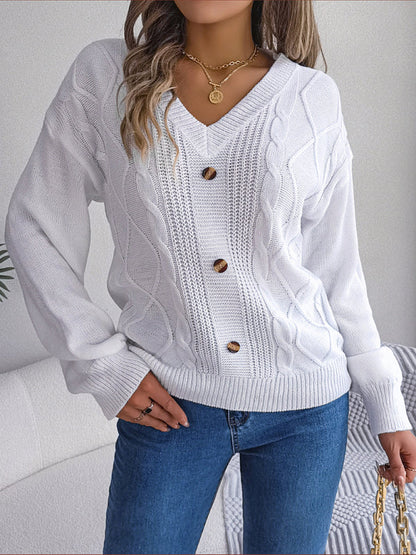 New autumn and winter solid color V-neck buttoned twist lantern sleeve pullover sweater