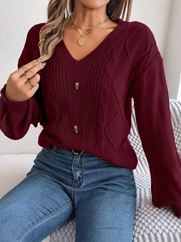 New autumn and winter solid color V-neck buttoned twist lantern sleeve pullover sweater