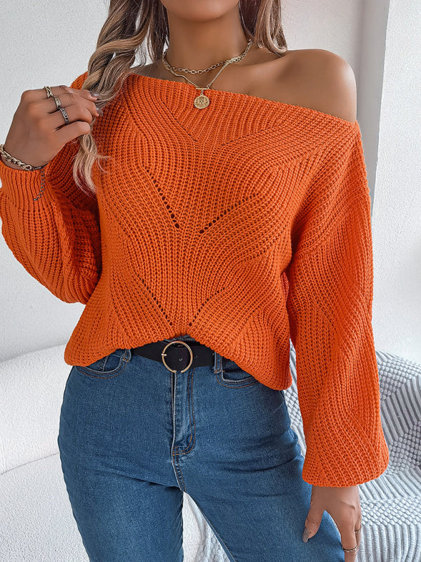 New casual hollow one-line collar off-shoulder lantern sleeve sweater