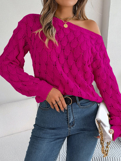 New casual feather hollow one-line collar off-shoulder lantern sleeve sweater