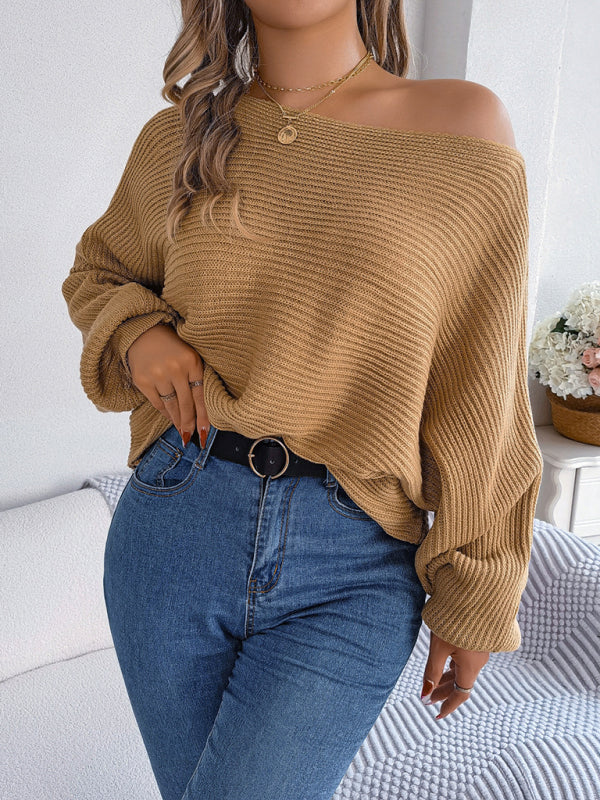 New casual loose solid color bat sleeve pullover sweater