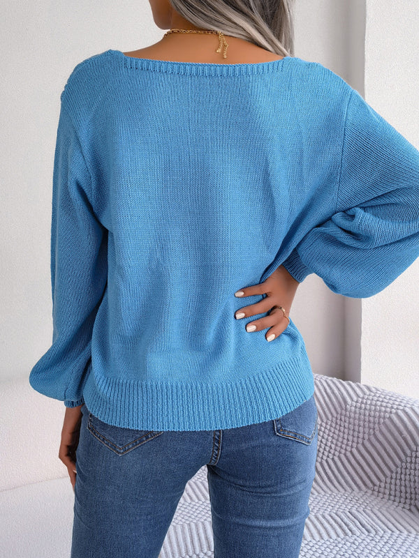 New casual square neck twist lantern sleeve pullover sweater