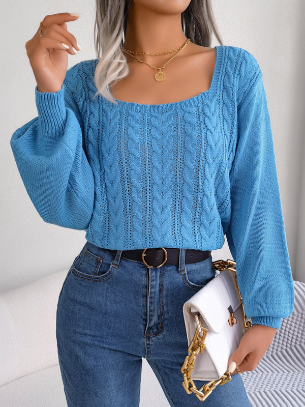 New casual square neck twist lantern sleeve pullover sweater