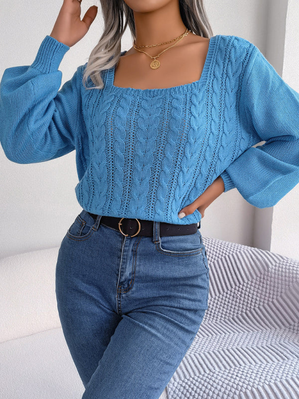 New casual square neck twist lantern sleeve pullover sweater