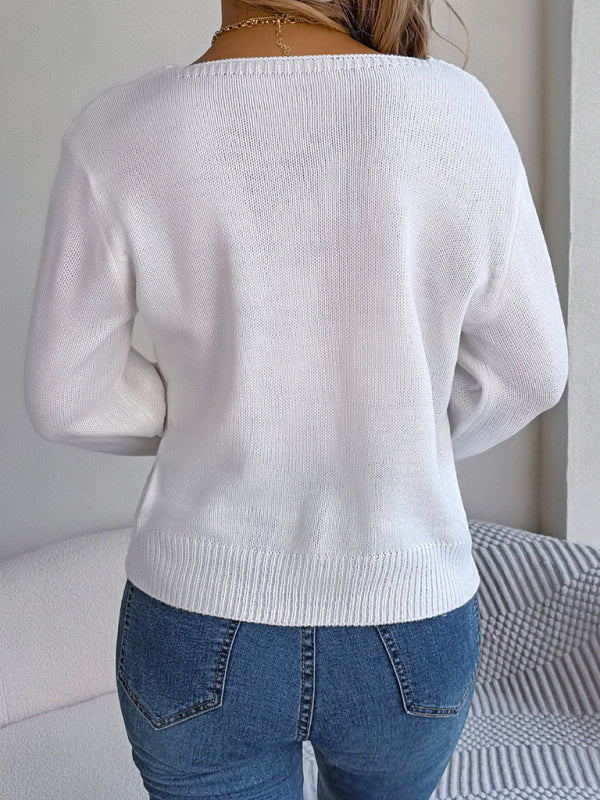 New casual square neck twist lantern sleeve pullover sweater