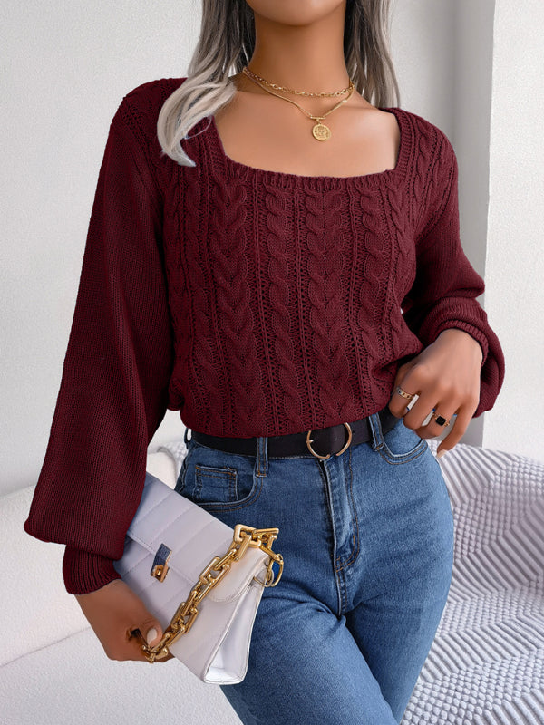 New casual square neck twist lantern sleeve pullover sweater