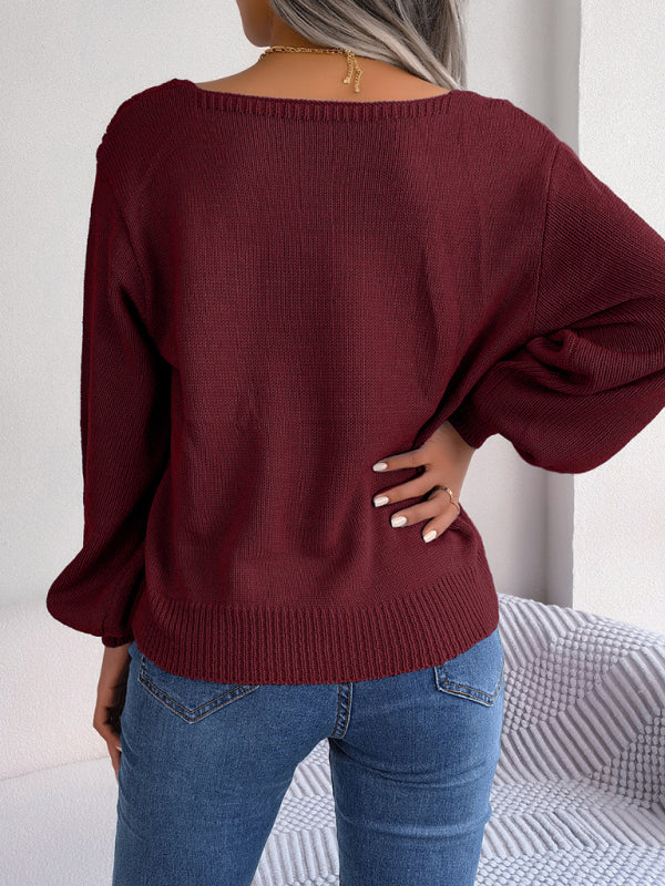 New casual square neck twist lantern sleeve pullover sweater