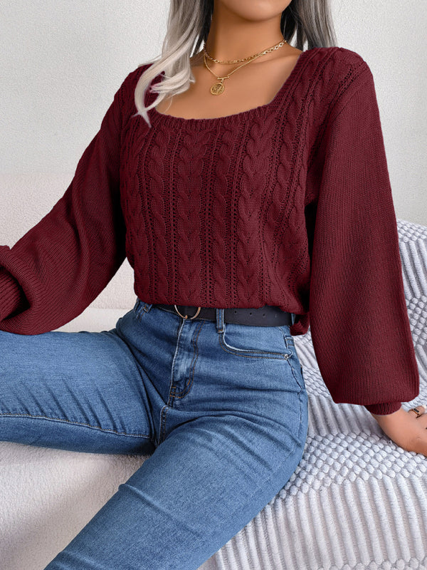 New casual square neck twist lantern sleeve pullover sweater