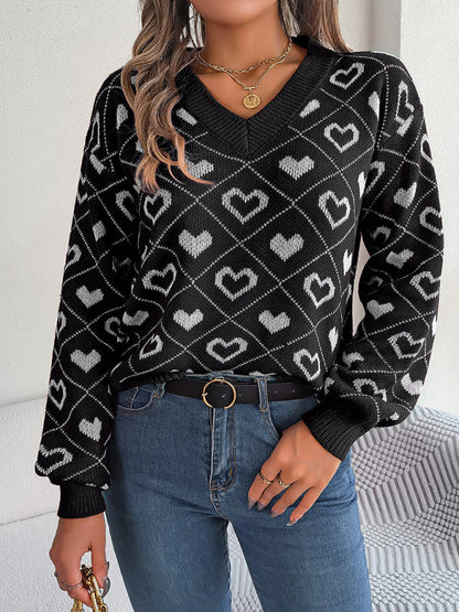 New sweet contrasting color heart lantern sleeve pullover sweater