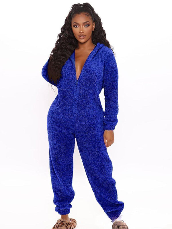 Langärmliger, lässiger Jumpsuit mit Kapuze und Hose aus Plüsch 