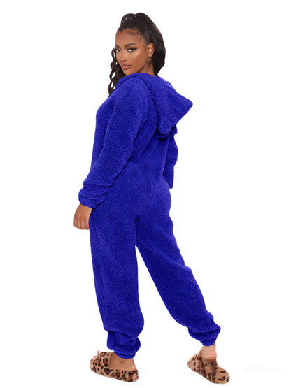 Langärmliger, lässiger Jumpsuit mit Kapuze und Hose aus Plüsch 