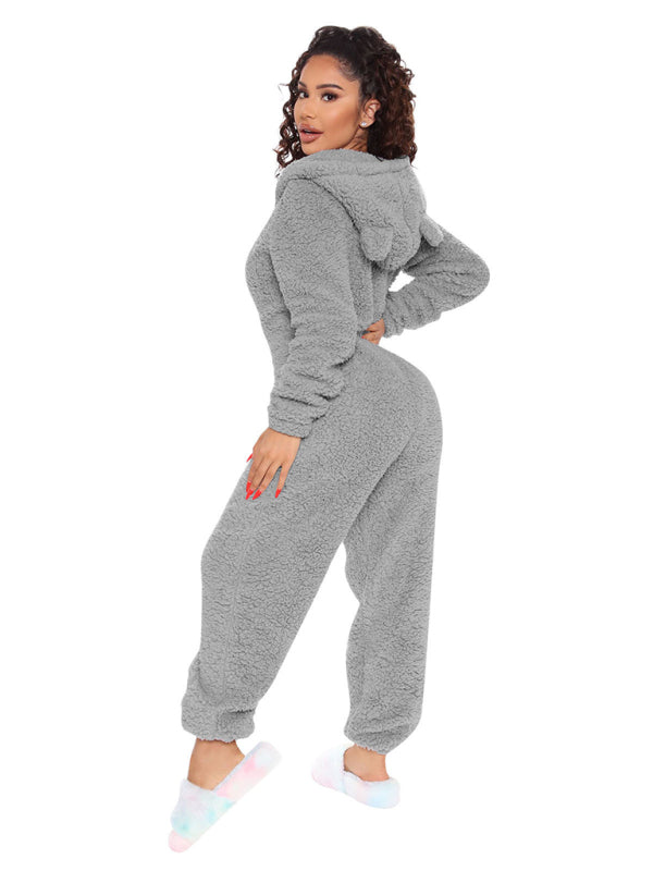 Langärmliger, lässiger Jumpsuit mit Kapuze und Hose aus Plüsch 