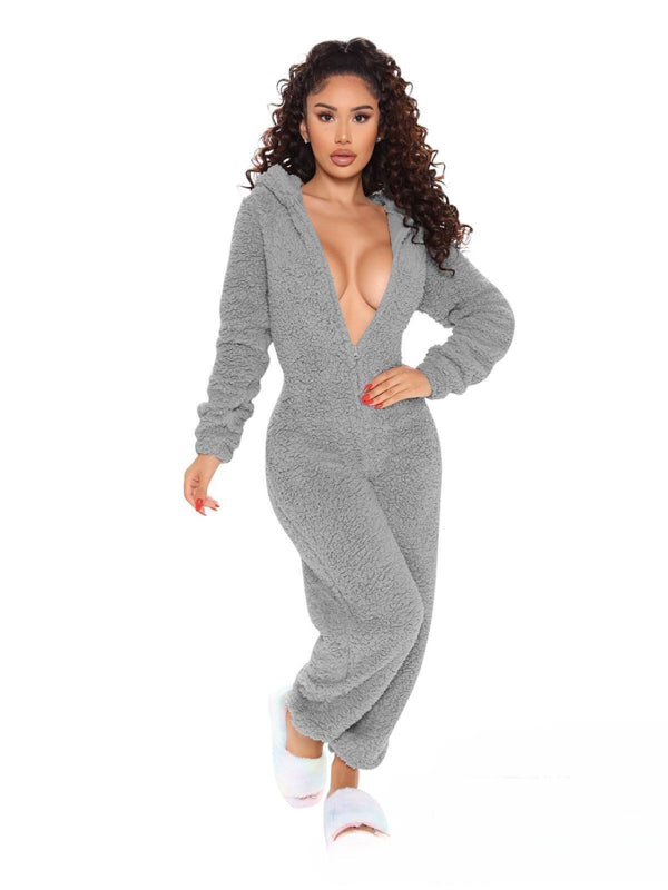 Langärmliger, lässiger Jumpsuit mit Kapuze und Hose aus Plüsch 