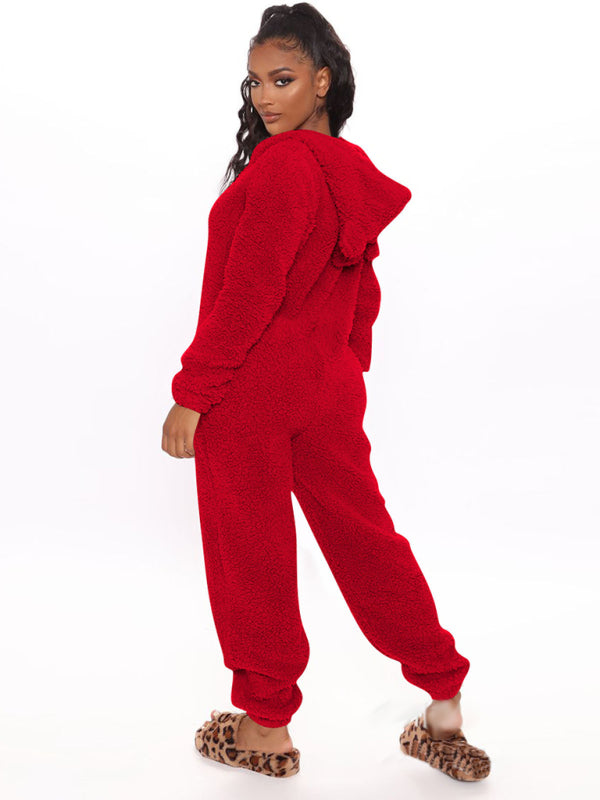 Langärmliger, lässiger Jumpsuit mit Kapuze und Hose aus Plüsch