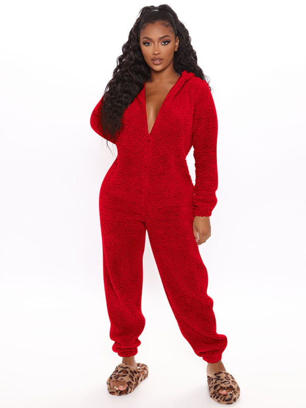 Langärmliger, lässiger Jumpsuit mit Kapuze und Hose aus Plüsch