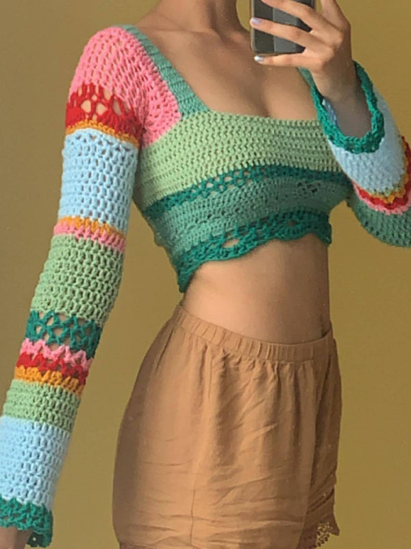 Haut à manches longues et col carré pour femmes, nouveau bloc de couleurs rayé coloré, crochet fait à la main 