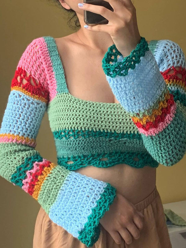 Haut à manches longues et col carré pour femmes, nouveau bloc de couleurs rayé coloré, crochet fait à la main 