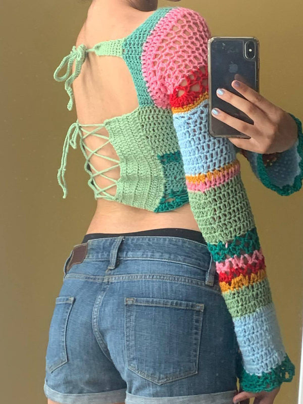 Haut à manches longues et col carré pour femmes, nouveau bloc de couleurs rayé coloré, crochet fait à la main 