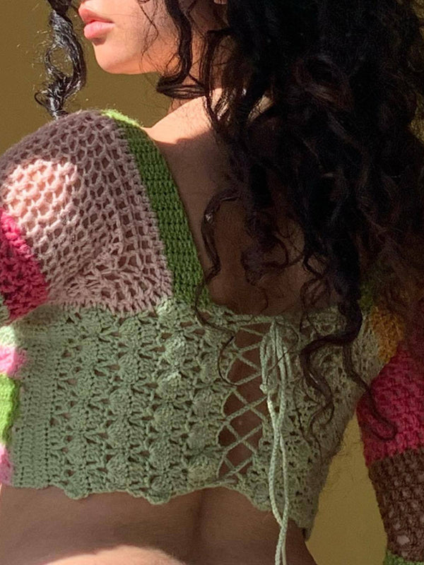 Haut à manches longues et col carré pour femmes, nouveau bloc de couleurs rayé coloré, crochet fait à la main 