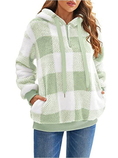Long sleeve hooded plaid plush women&