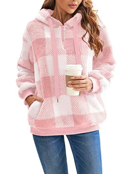 Long sleeve hooded plaid plush women&