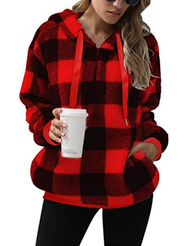 Long sleeve hooded plaid plush women&