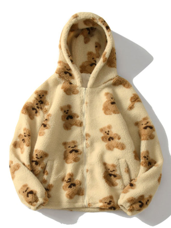 Beige bear pattern plush hooded sweater