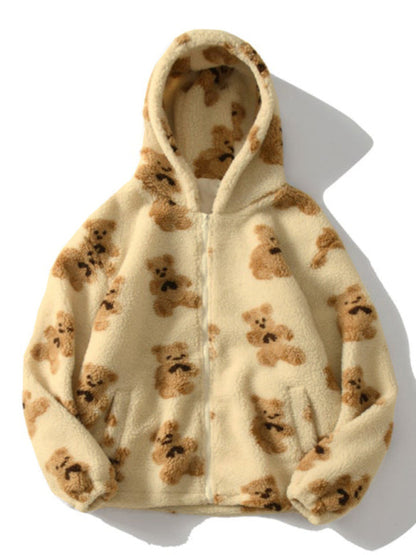 Beige bear pattern plush hooded sweater