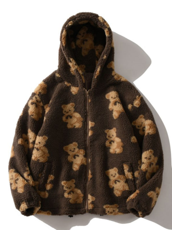 Brown bear pattern plush hooded sweater