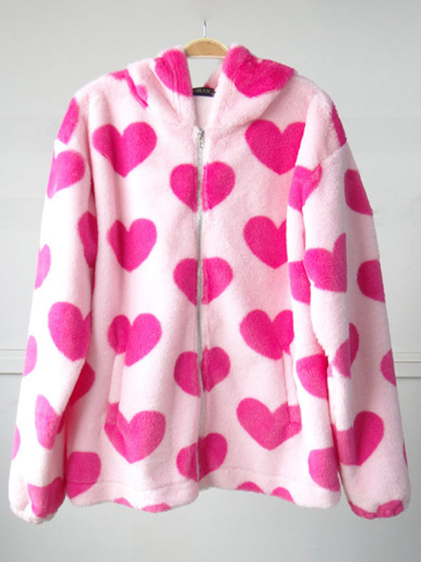 Pink heart pattern plush hooded sweater